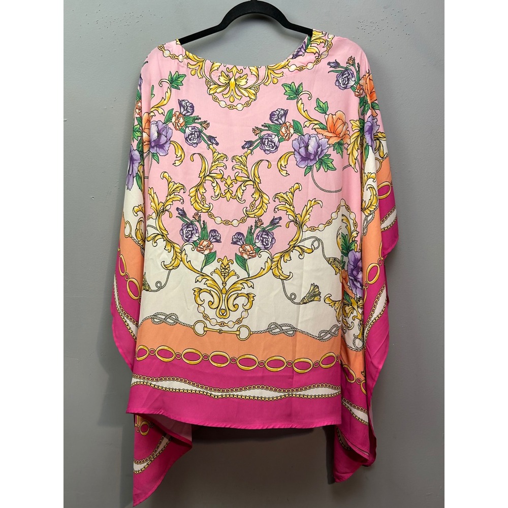Belle by Kim Gravel Poncho Women XL Pink Floral Baroque Scarf Print Kaftan Top - Picture 2 of 9